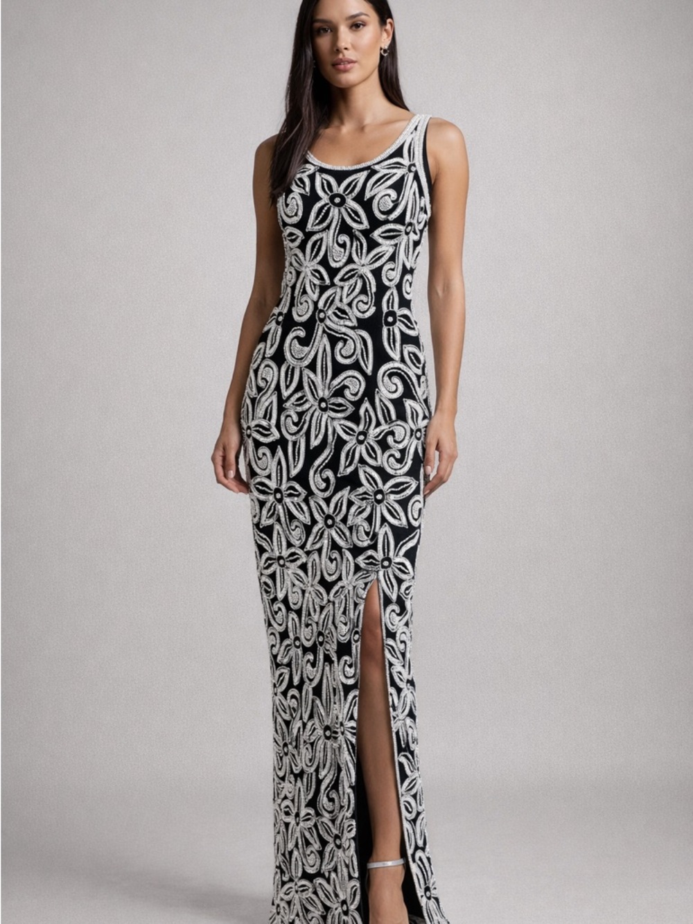 Vintage Black & White Floral Sequin Tank Gown